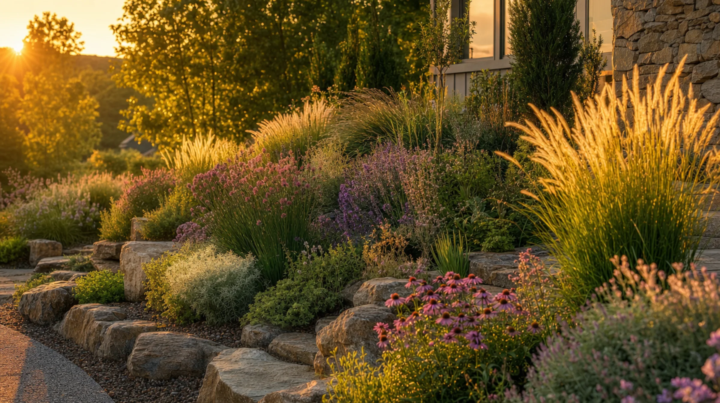 Layered planting beds glowing at golden hour in a Liberty, Missouri backyard